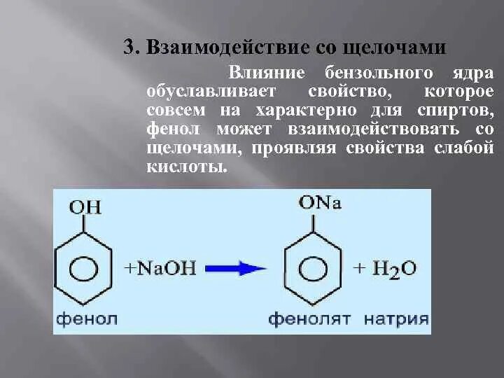 Фенол вступает с натрием в реакцию. Фенол его строение. Взаимодействие фенола с металлическим натрием. Реакции фенола по бензольному ядру. Специфические свойства фенола.