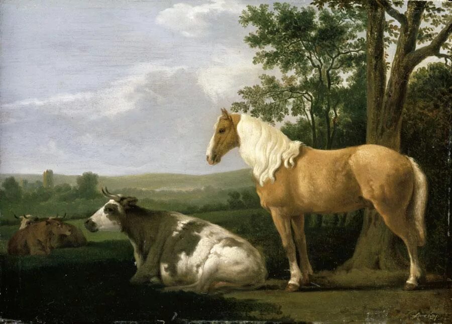 Лошади коровы и куры. Паулюс Поттер пегая лошадь. Корова и лошадь. Конь и корова. Корова картина.