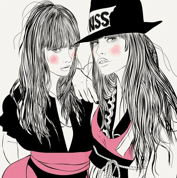 Рисунки 2 девушки. 2 девочки рисунок. дерзкие иллюстрации подружки. крутые две девочки рисунки. две девочки графика.