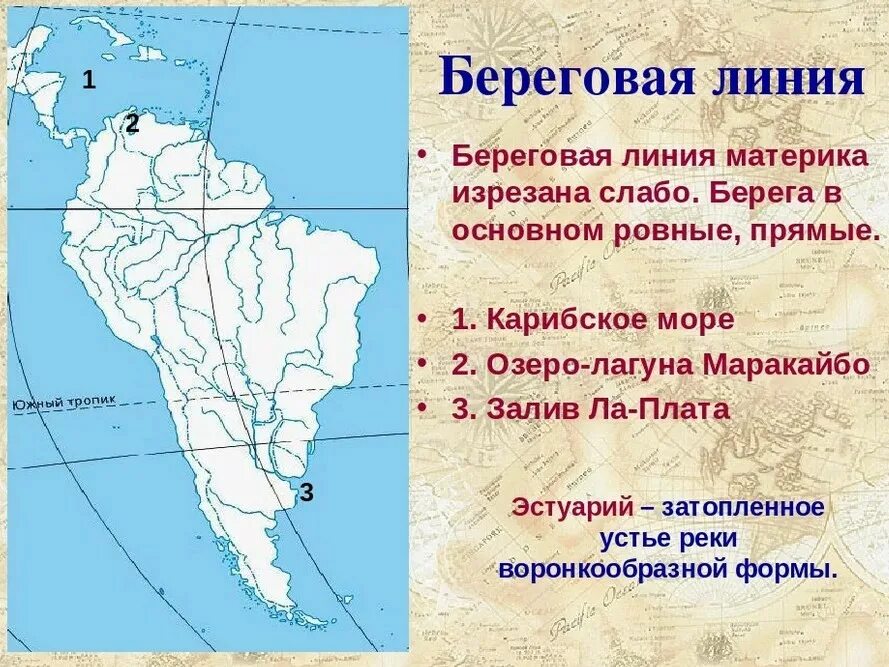 Изрезанность береговой линии материка северная америка. Объекты береговой линии Южной Америки. Береговая линия материка Южная Америка. Элементы береговой линии Южной Америки. Очертания берегов Южной Америки.