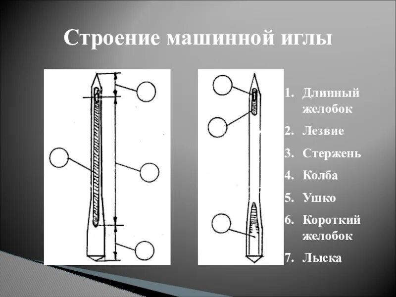 Длинный желобок иглы. Строение машинной иглы. Лезвие машинной иглы. Длинный Желобок машинной иглы служит. Стержень машинной иглы.