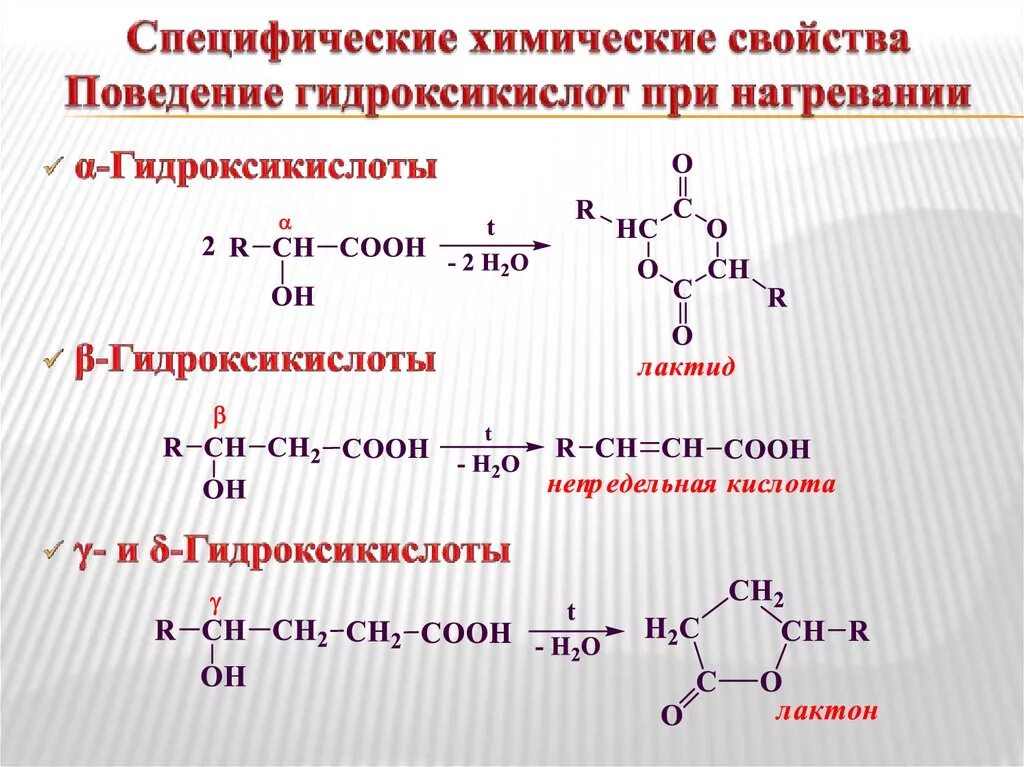 Специфические реакции Альфа- бета- и гамма-аминокислот. Нагревание Альфа гидроксикислоты. Нагревание бета гидроксикислоты. Нагревание гамма гидроксикислот. Hi химическая реакция