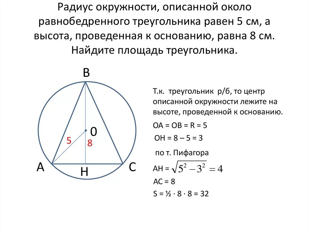 Радиус описанной около треугольника окружности через сторону. Радиус описанной окружности около равнобедренного треугольника. Радиус описанной окружности вокруг равнобедренного треугольника. Описанная окружность равнобедренного треугольника. Радиус описанной окружности равнобедренного треугольника.