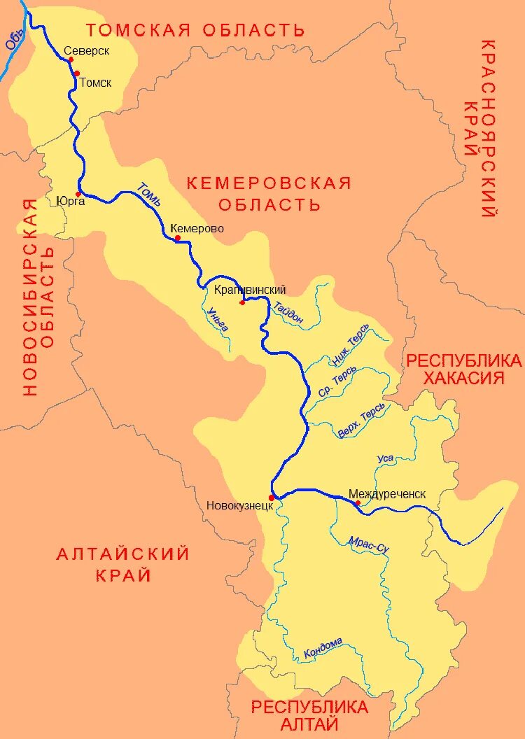 Откуда берет начало томь. Карта реки Томь Кемеровской обл. Река Томь на карте Кемеровской области. Исток реки Томь на карте. Река Томь впадает.