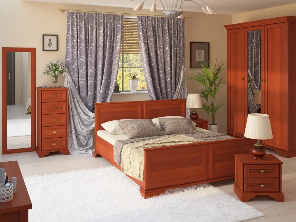 Кровать ГМ 1358 ольха. Мебель для спальни. Рыжая мебель в интерьере. Спальня с рыжей мебелью.