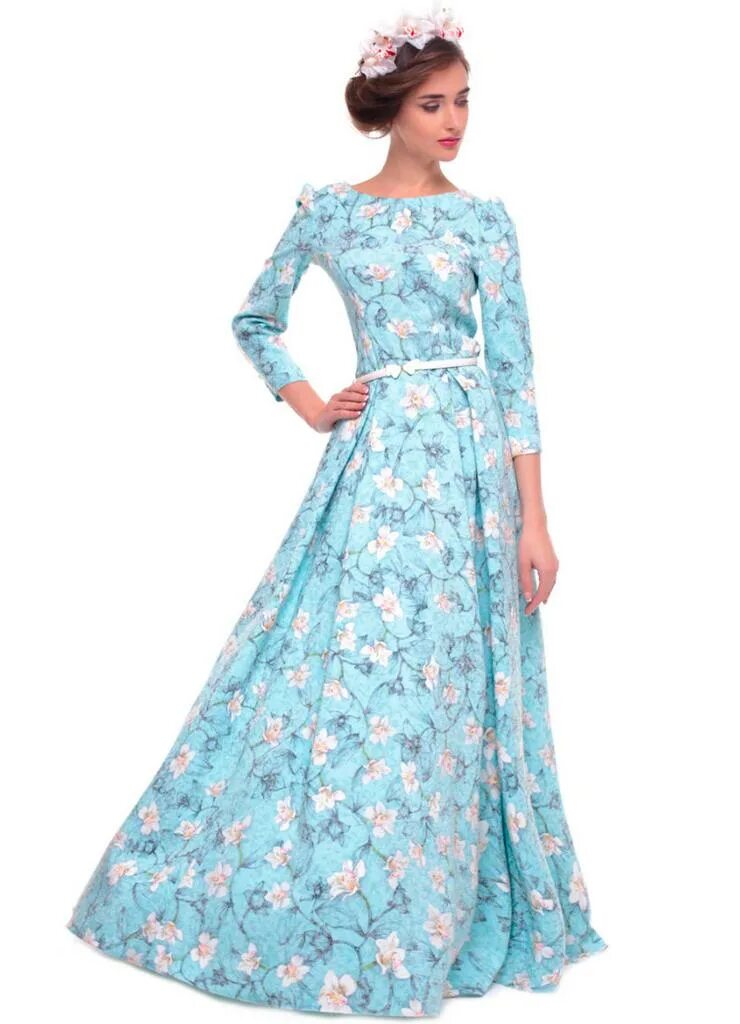 Длинное платье в цветочек. Платье Ksenia Knyazeva. Голубое платье Ksenia Knyazeva.