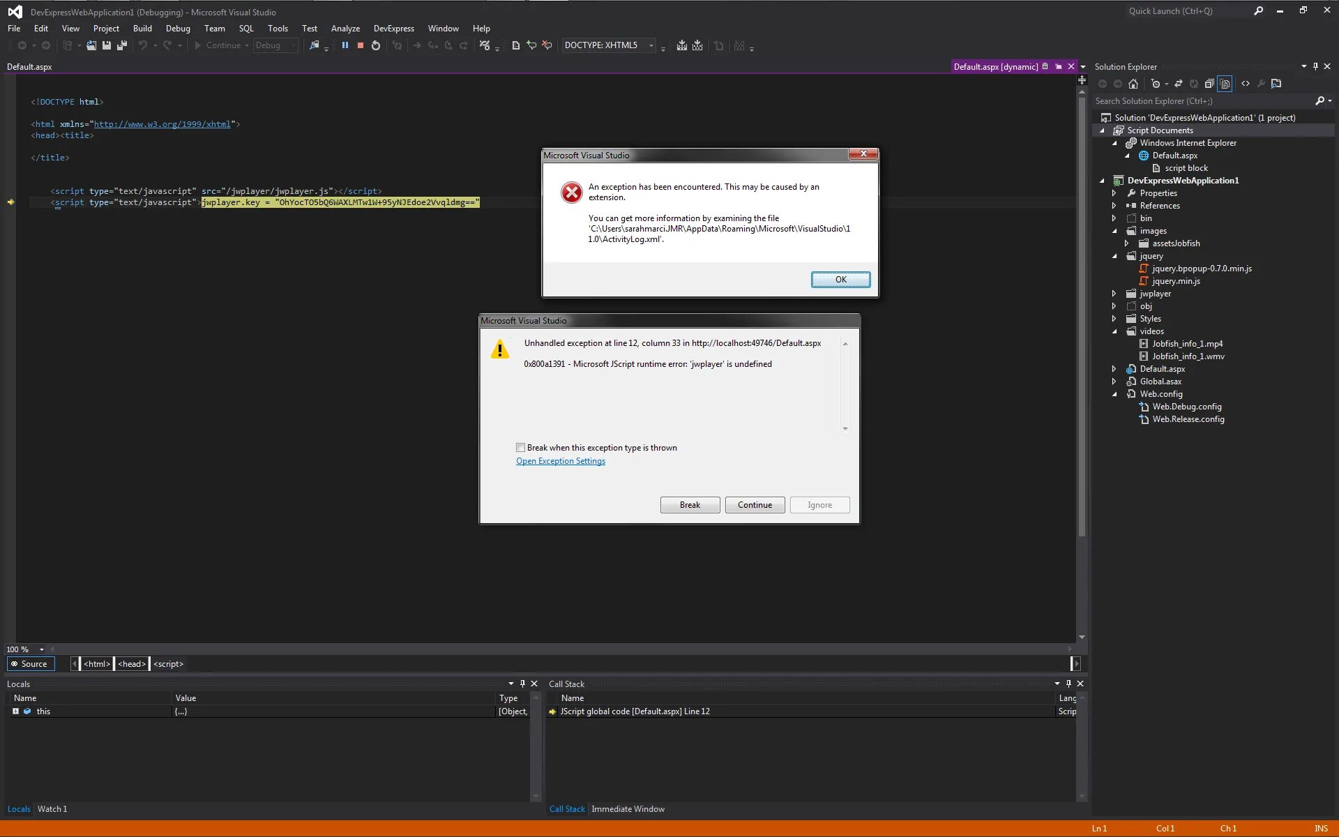 Microsoft JSCRIPT. JSCRIPT.net. Visual Studio desktop Screen. Unhandled exception in the user interface application Warface.