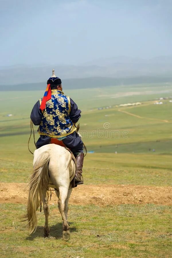 Монголы сидят в степи. Man on Horse back view. Монгольский ковбой