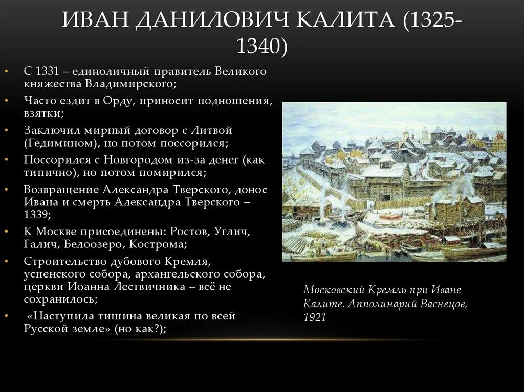 Какой город стал центром при иване калите. Глава 4 Москва при Иване Калите. Причины тишины Великой при Иване Калите. Москва при Иване Калите.