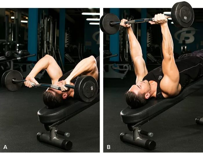 блочное упражнение на трицепс. упражнения на трицепс с гантелями. тяга верхнего блока широким хватом. упражнения на трицепс. французский жим на трицепс стоя.