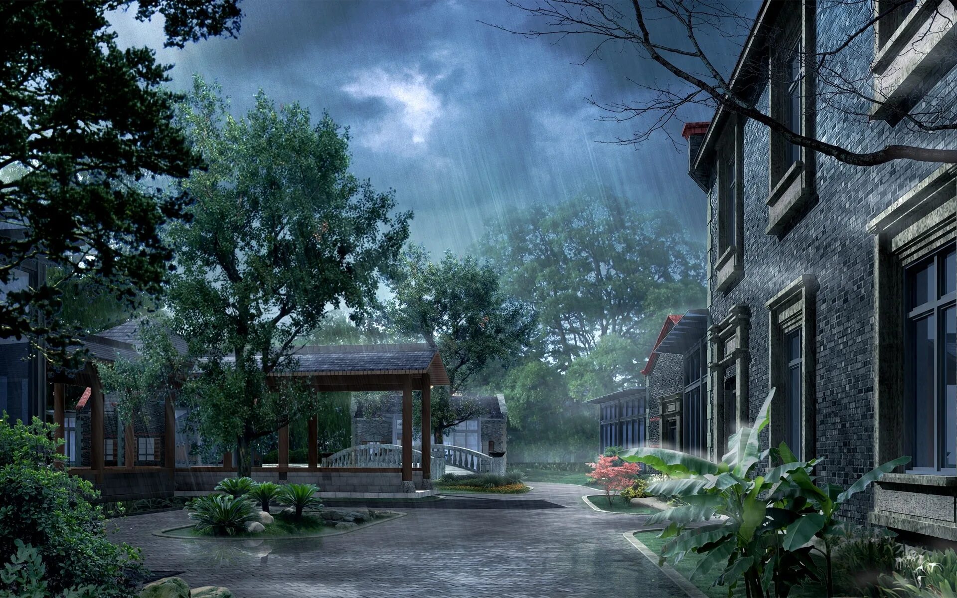 House of rain. Пейзаж двора. Фон для фотошопа реалистичный. Обои дождь. Дом.