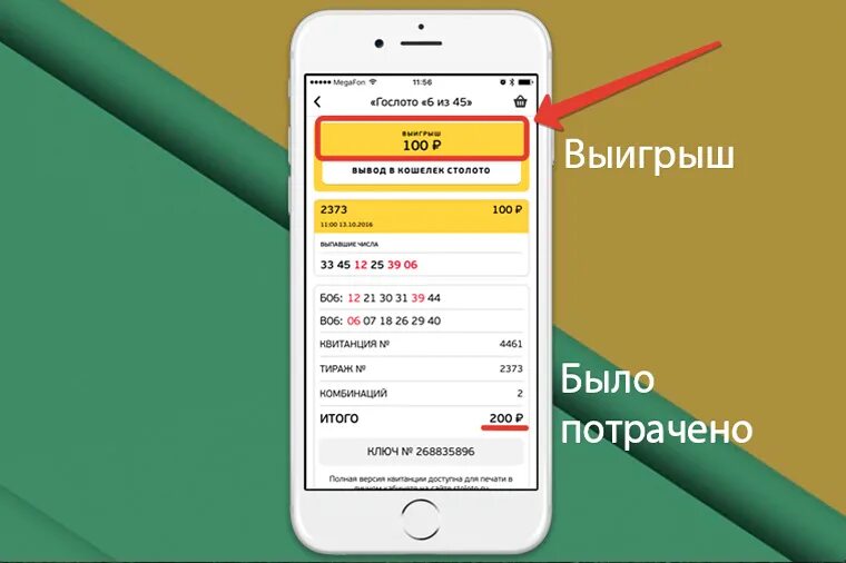 Вывести выигрыш столото на карту