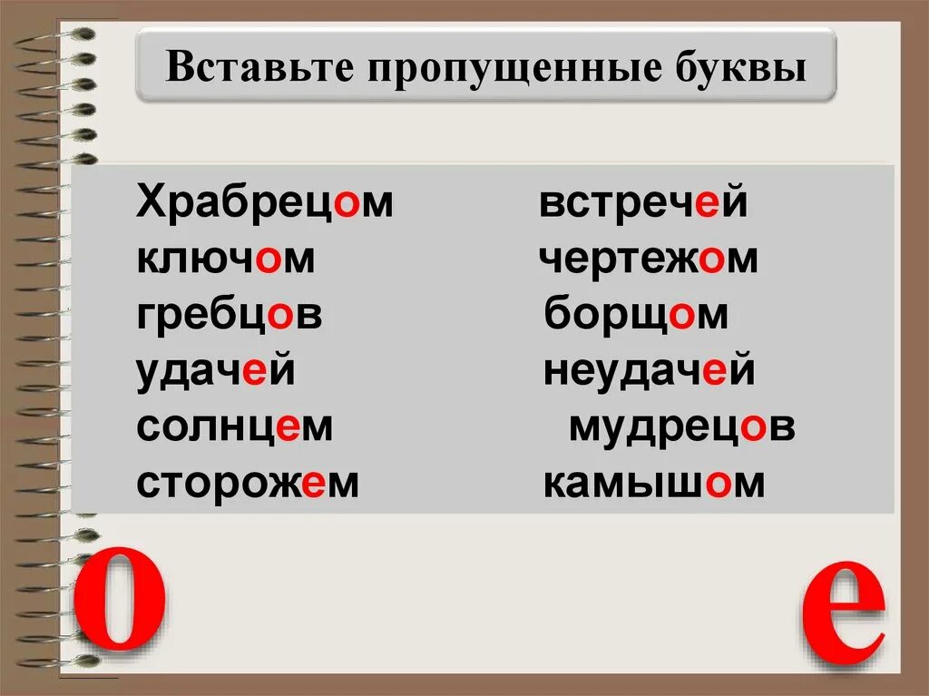 Сторож 6 букв. Вставить е или и. Вставь о или е в окончаниях существительных после шипящих и ц 5 класс. Фото вставить е о орфографии.