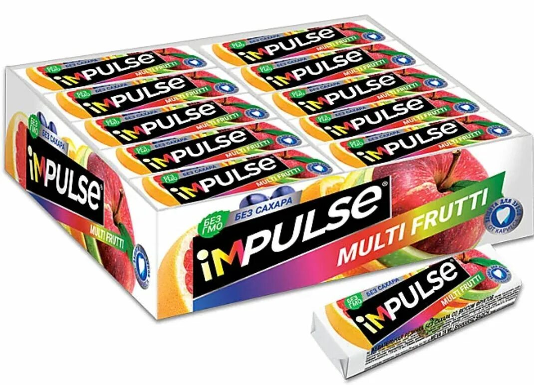 Сколько жвачек в пачке. Резинка жевательная Impulse Multi-Frutti 14 г. Impulse жевательная резинка со вкусом мята. Жев.резинка Impulse со вкусом мяты 14гр. Impulse жвачка мультифрукт.