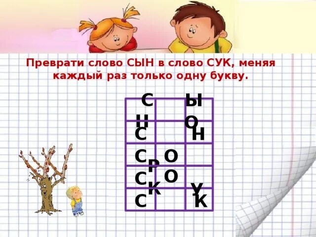 Есть слово сук. Преврати слово сын в слово сук меняя каждый раз только одну букву. Преврати слово сын в слово сук. Превращение слов. Превращение слов изменяя одну букву.