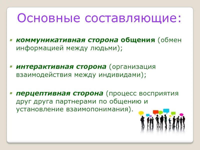 Процесс восприятия друг друга и установление взаимопонимания. Стороны общения коммуникативная Перцептивная интерактивная. Основные составляющие общения. Коммуникативная составляющая общения. Составляющие и стороны общения..