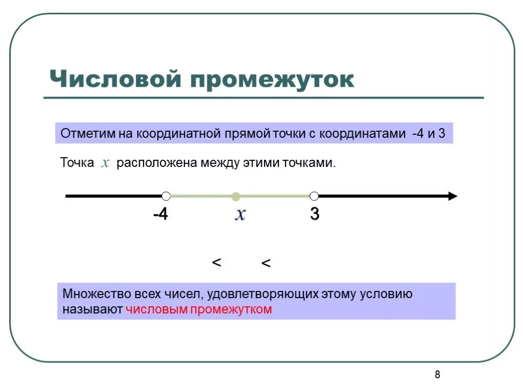 Название промежутков на координатной прямой. Неравенства на прямой. Изображение числовых промежутков на координатной прямой. Отрезок на числовой прямой.