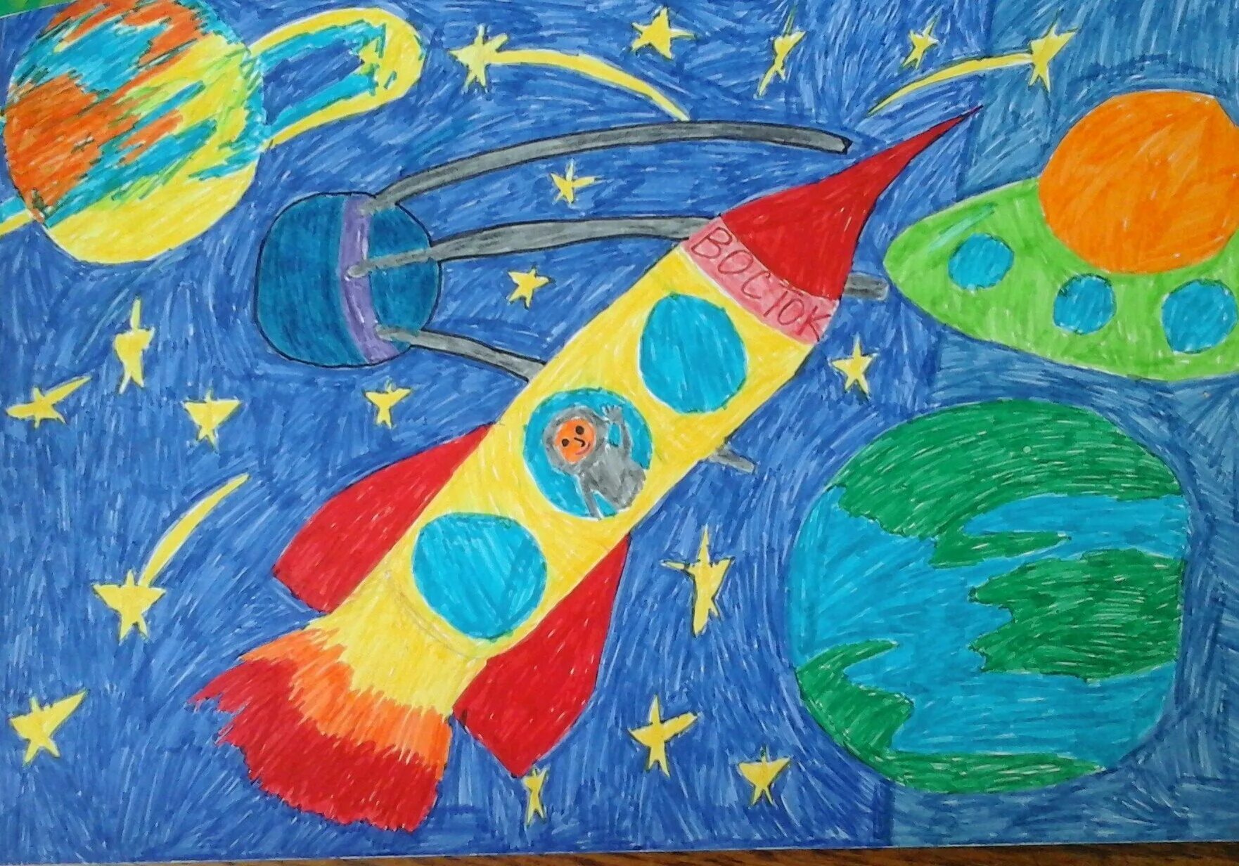 Рисунок на тему космос. Рисунок на космическую тему. Космос рисование с детьми детский сад. Детские рисунки на тему космос.