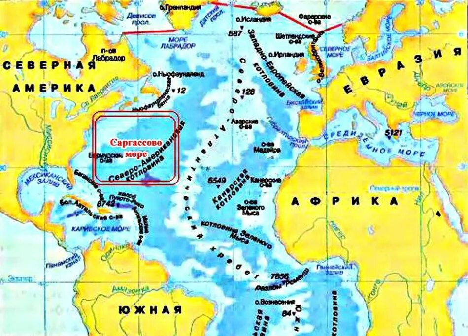 Атлантический океан находится между. Саргассово море на карте Атлантического океана. Саргассово море на карте. Азорские острова и Саргассово море на карте.