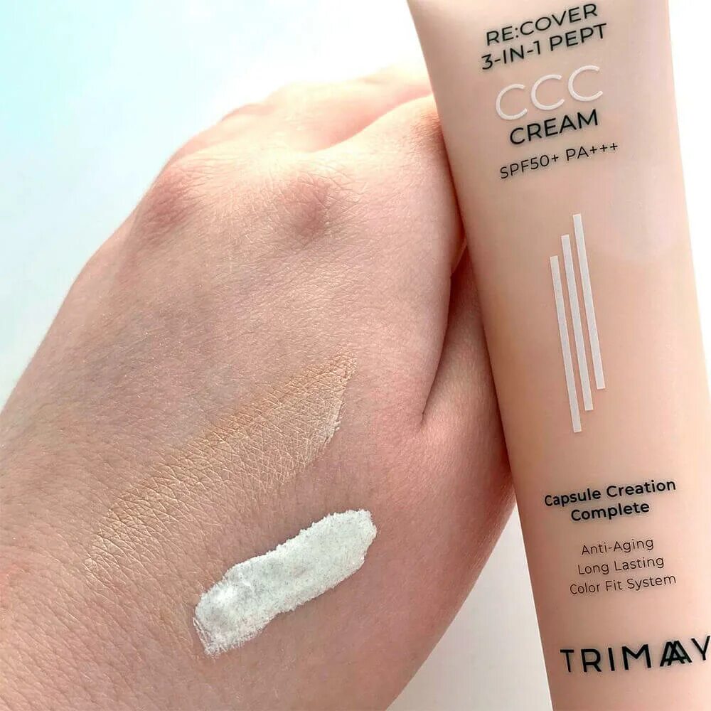 Trimay тональный уходовый ССС крем с пептидами CCC Cream spf50 pa. Trimay re:Cover 3-in-1 PEPT CCC Cream spf50+pa+++ (30 мл). Корейский тональный крем подстраивающийся под тон 50 СПФ С пептидами. Trimay Peptid 30 Cream. Купить крем ссс