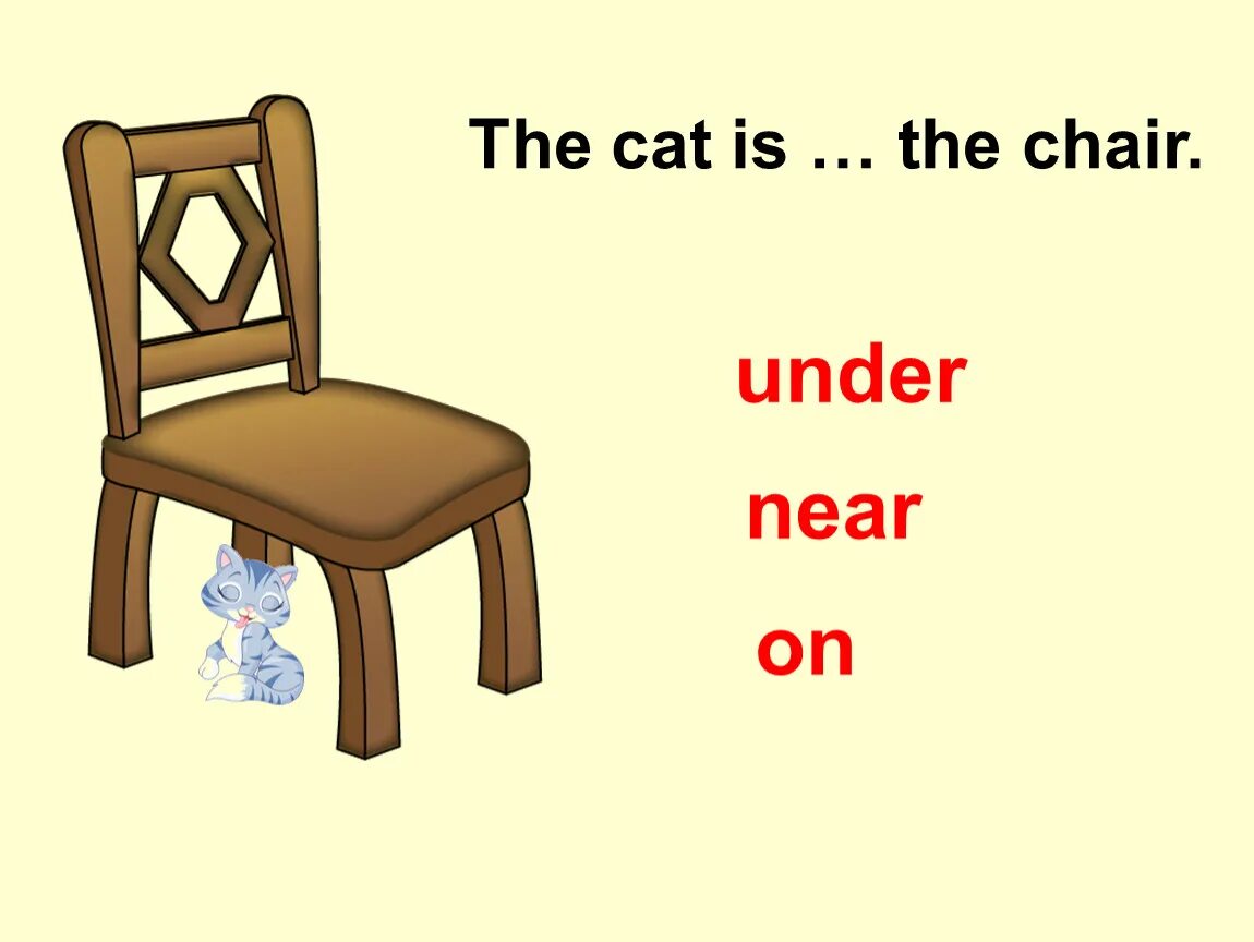 The cat is the chair. Предлоги in on under. Предлоги in on under next to. Предлоги места in on under by. On in under near презентация.