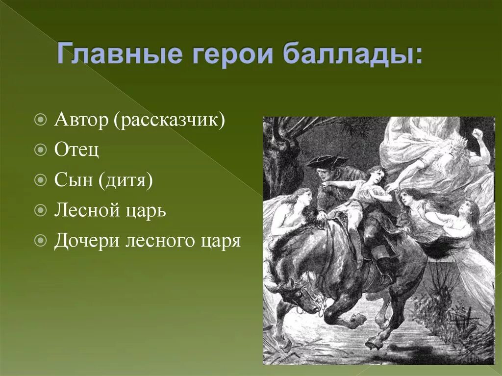 Балладу лесной царь написал композитор. Лесной царь герои. Главные герои баллады Лесной царь. Жуковский Лесной царь главные герои. 10 Героев "Лесной царь" Шуберта.