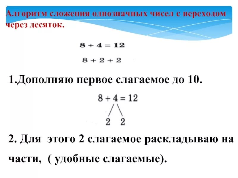 Однозначных чисел с переходом через десяток. Алгоритм сложения и вычитания с переходом через десяток. Алгоритм сложения чисел с переходом через десяток 1 класс. Алгоритм сложения с переходом через десяток 1 класс. Алгоритм решения примеров с переходом через десяток.