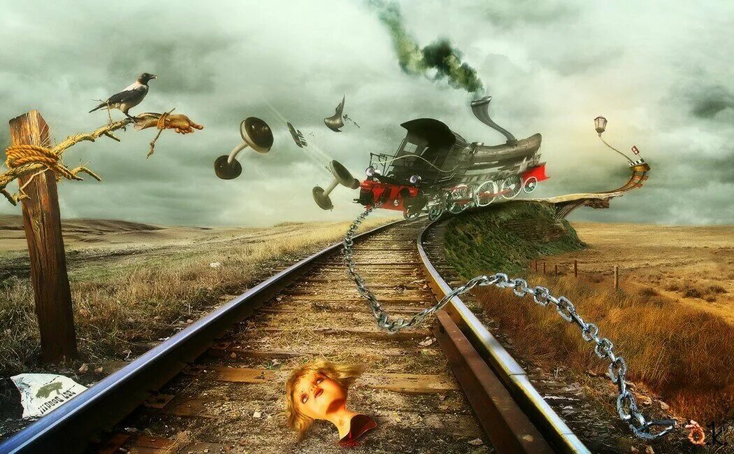 Дорога сюрреализм. Железная дорога в никуда. Поезд мчится. Железная дорога сюрреализм.