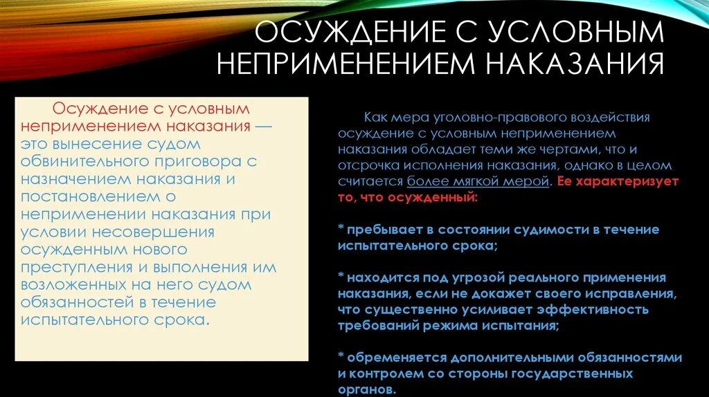 Угроза применения наказания. Условное неприменение наказания. Назначение условного наказания. Виды условного неприменения наказания. Условное применение наказания.