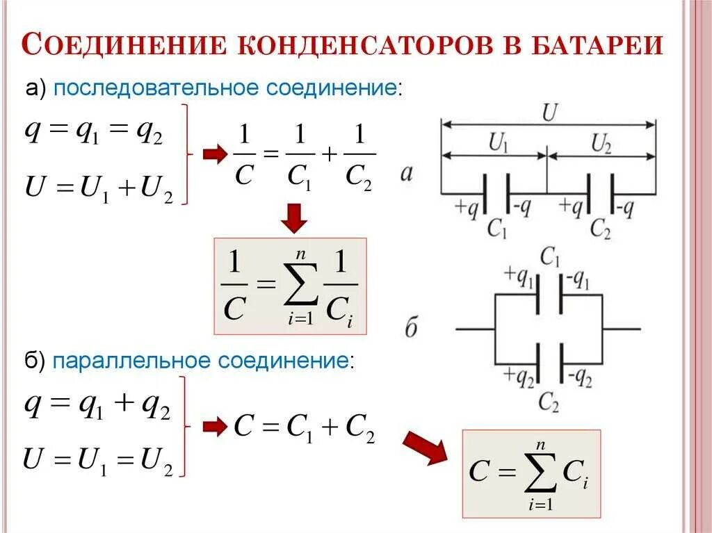 Последовательное соединение батарей емкость. Параллельное соединение конденсаторов. Последовательное соединение конденсаторов емкость. Емкость конденсатора формула при параллельном соединении. Последовательное соединение конденсаторов формула емкости.