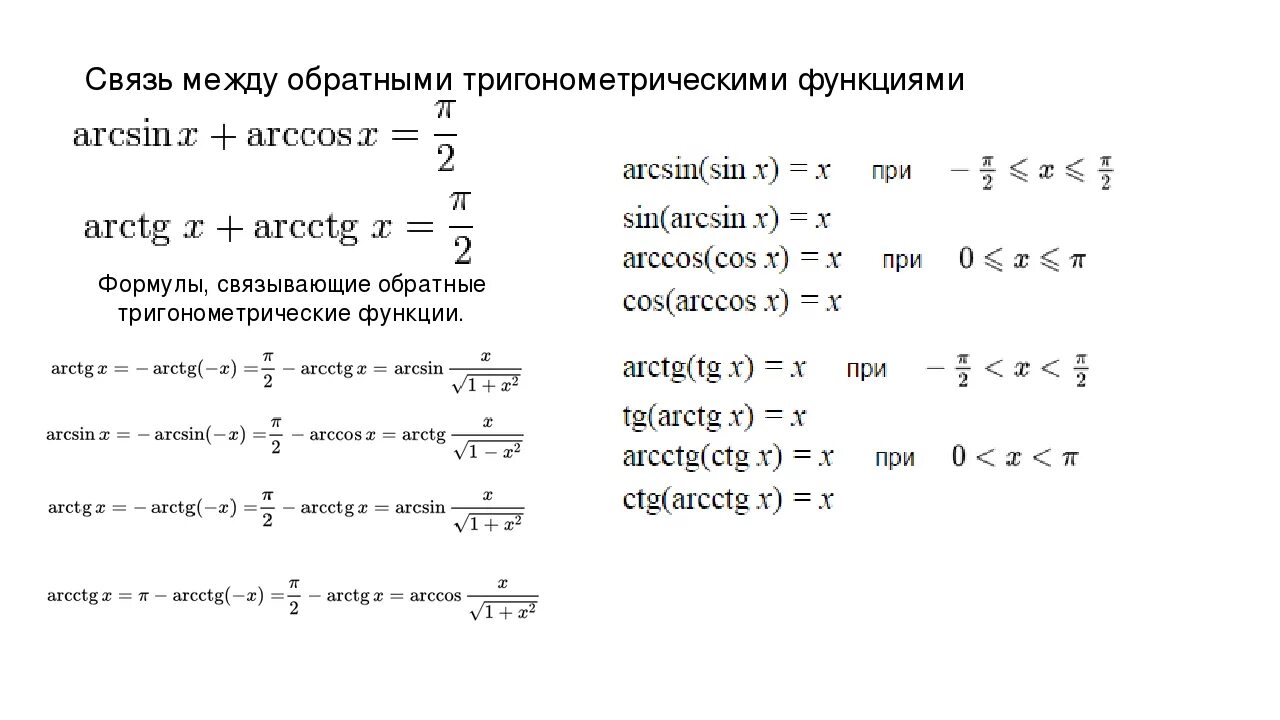 Функция arc. Обратные тригонометрические функции формулы формулы. Формулы преобразования обратных тригонометрических функций. Формулы для вычисления обратных тригонометрических функций. Формулы приведения обратных тригонометрических функций.