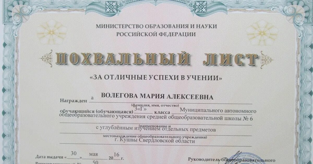 Выдача похвальных грамот за изучение отдельных предметов