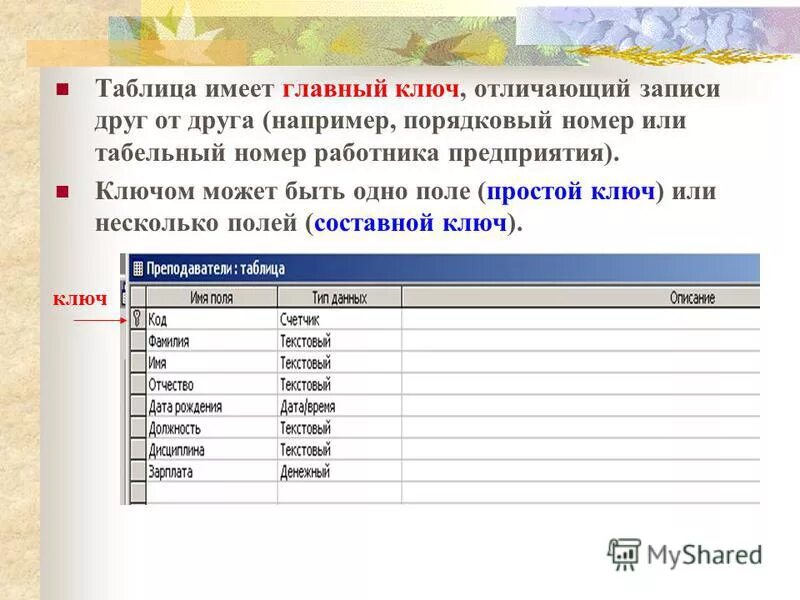 Чем отличается запись. Главная и подчиненная таблицы БД. Ключом в таблице реляционной базы данных может быть поле. Поле главного ключа базы данных.