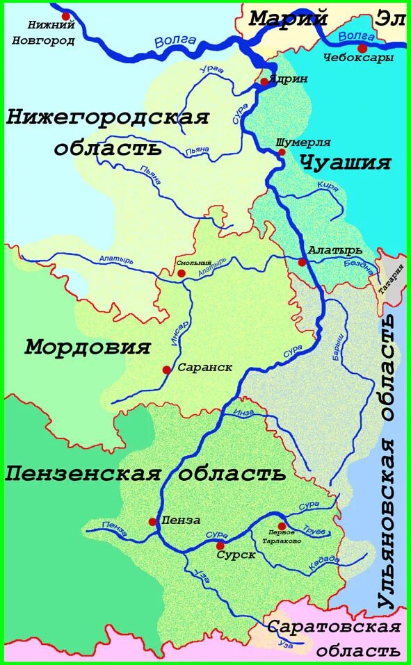 Река Сура Нижегородская область на карте. Схема реки Сура в Пензенской области. Река Сура в Мордовии на карте. Река Сура впадает в Волгу на карте.