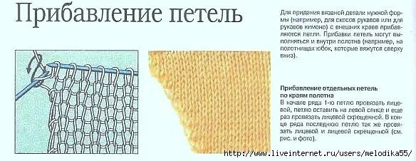 Схемы прибавления петель спицами. Прибавление петель в начале и конце ряда спицами. Прибавление и убавление петель спицами. Прибавка петель на рукаве. Закрываем 2 раза по