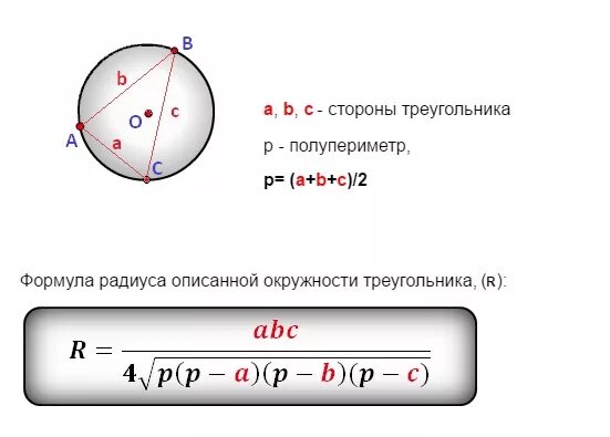 Формула радиуса описанной окружности через полупериметр. Радиус описанной окружности около треугольника формула. Формула радиуса описанной окружности вокруг треугольника. Описанная окружность около треугольника формулы. Периметр окружности формула через радиус