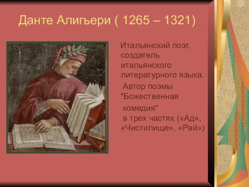 Данте Алигьери (1265 – 1-321). Данте Алигьери (1265 — 1321) рисунка. Поэт Данте Алигьери. Данте Алигьери – итальянский поэт и писатель. Данте план