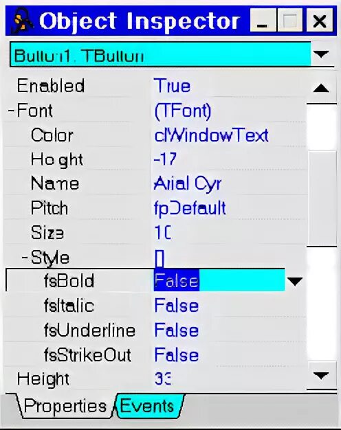 Object object как исправить. Окно инспектора объектов DELPHI. Инспектор объектов DELPHI. Object Inspector в DELPHI. Типы значений object.