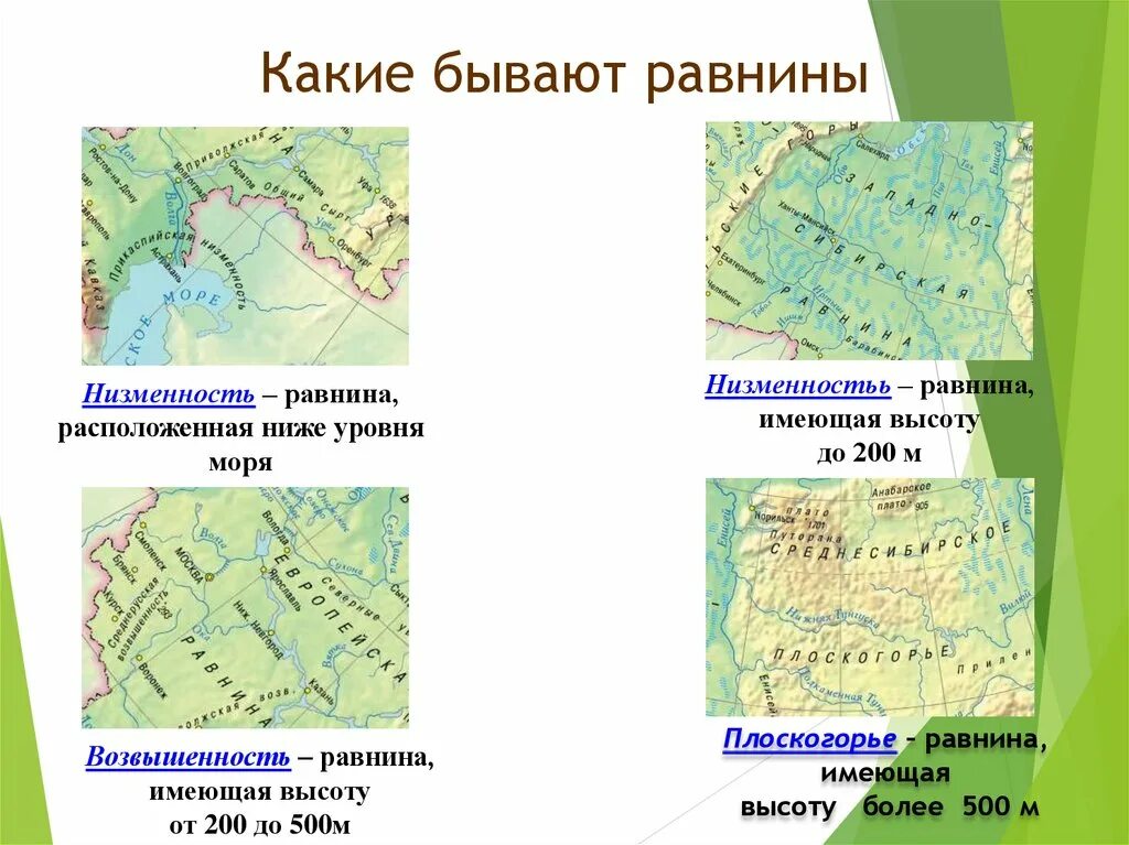 Выписать название форм рельефа россии. Какие бывают равнины. Низменности возвышенности Плоскогорья. Равнины низменности. Равнины на карте.