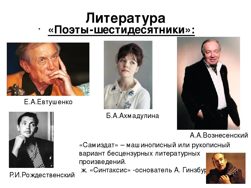 Поэты шестидесятники периода оттепели. Поэты 60-десятники список СССР. Поэты-шестидесятники: а) а.Галич, е.Евтушенко, б.Окуджава;. Поэты 50-60.