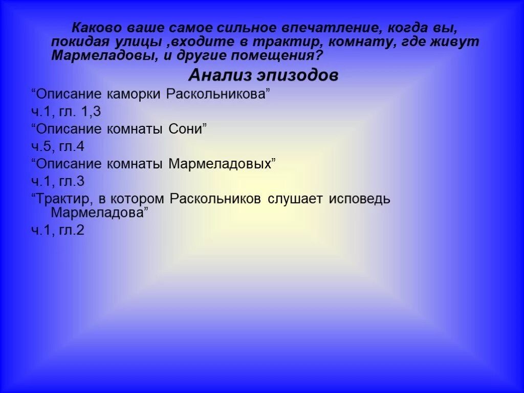 Исповедь мармеладова раскольникову. Каково ваше. Анализ сцены описание комнаты Мармеладова. Какие Петербургские сцены произвели наиболее сильные впечатления?. Каковы ваши впечатления о каждом из героев.