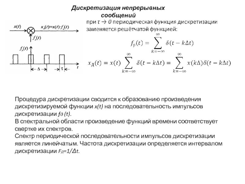 Дискретизация непрерывных сообщений. Процедура дискретизации непрерывного сообщения. Периодическая последовательность импульсов функция. Алгоритм восстановления дискретизированного сигнала.