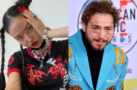 Split image of MLMA wearing a black and red shirt, and Post Malone wearing ...