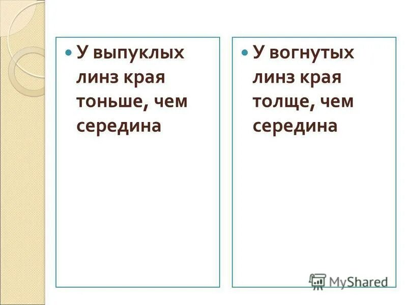 Края толще чем середина. Линза у которой середина толще чем края называется. Линза у которой края тоньше чем середина называется.