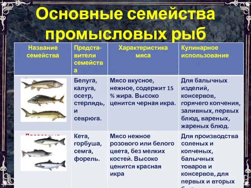 Особенности группы рыб. Основные семейства промысловых рыб таблица. Промысловые рыбы таблица. Семейства промысловых рыб. Семейств важнейших промысловых рыб.