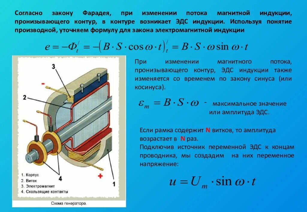 Изменения индуктивности. Генератор переменного тока формулы 11 класс. Переменный ток Генератор переменного тока формулы. При изменении потока магнитной индукции. Переменный ток презентация.