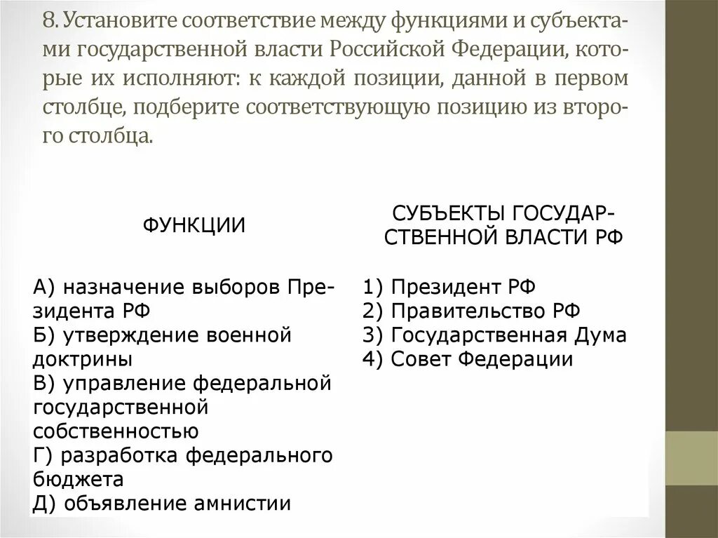 Установите соответствие полномочия осуществление помилования. Функции субъектов государственной власти. Соответствие между функциями и субъектами. Функциями и субъектами государственной власти Российской Федерации. Субъекты власти РФ.