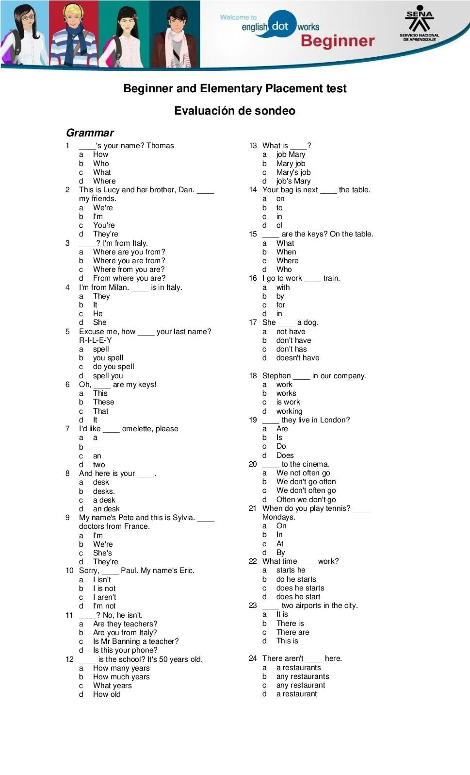 Level Test 1a Elementary ответы. Elementary English Level Test a2. Тест для Beginner. Placement Test Elementary.