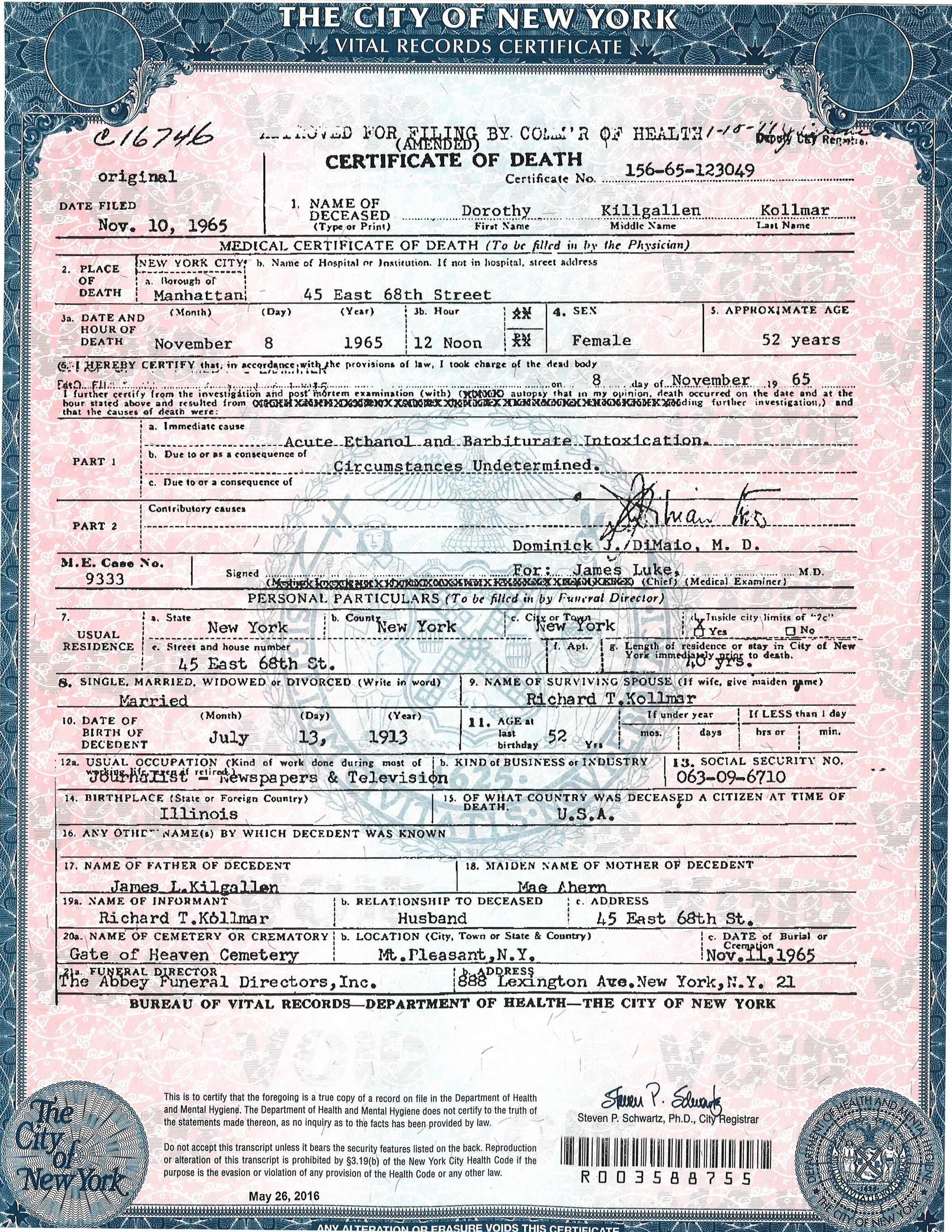 Death Certificate USA. Certificate of Death City of New York. State of New York Death Certificate.