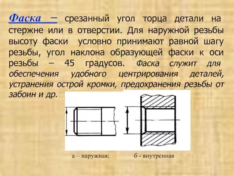 С правого торца. ГОСТ 2.311-68 наружная резьба. Фаска на наружной резьбе. Фаска на отверстии. Фаска на детали.